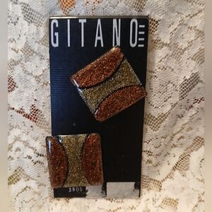Vintage Gitano Earrings Square Sparkling Two Tone Epoxy Finish On Original Card